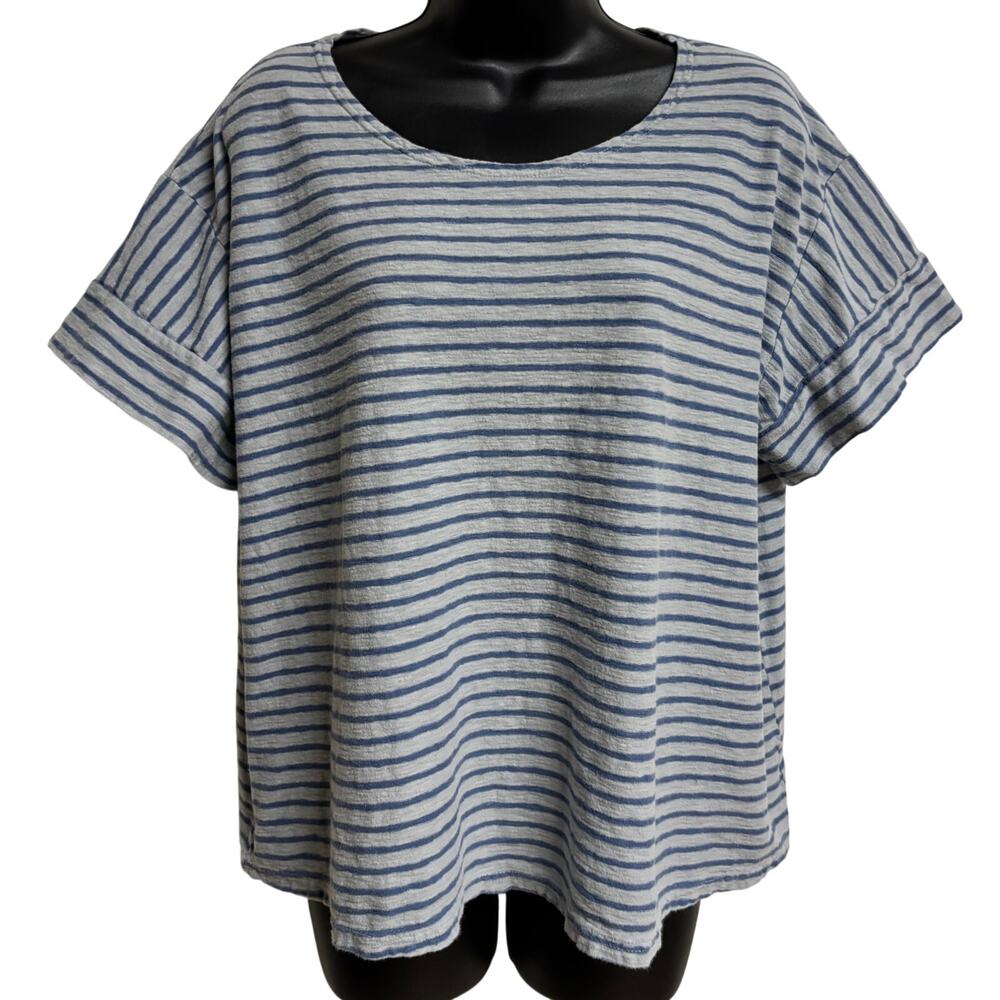 Cut Loose Blue White Stripe Linen Cotton Boxy Top XL Made In USA Coastal EUC